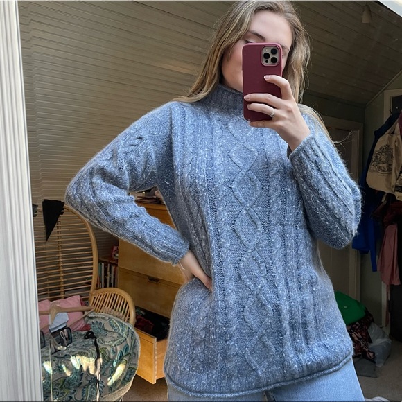 Vintage British Holmewood Angora Wool Blue Cable Knit Sweater - Picture 3 of 7